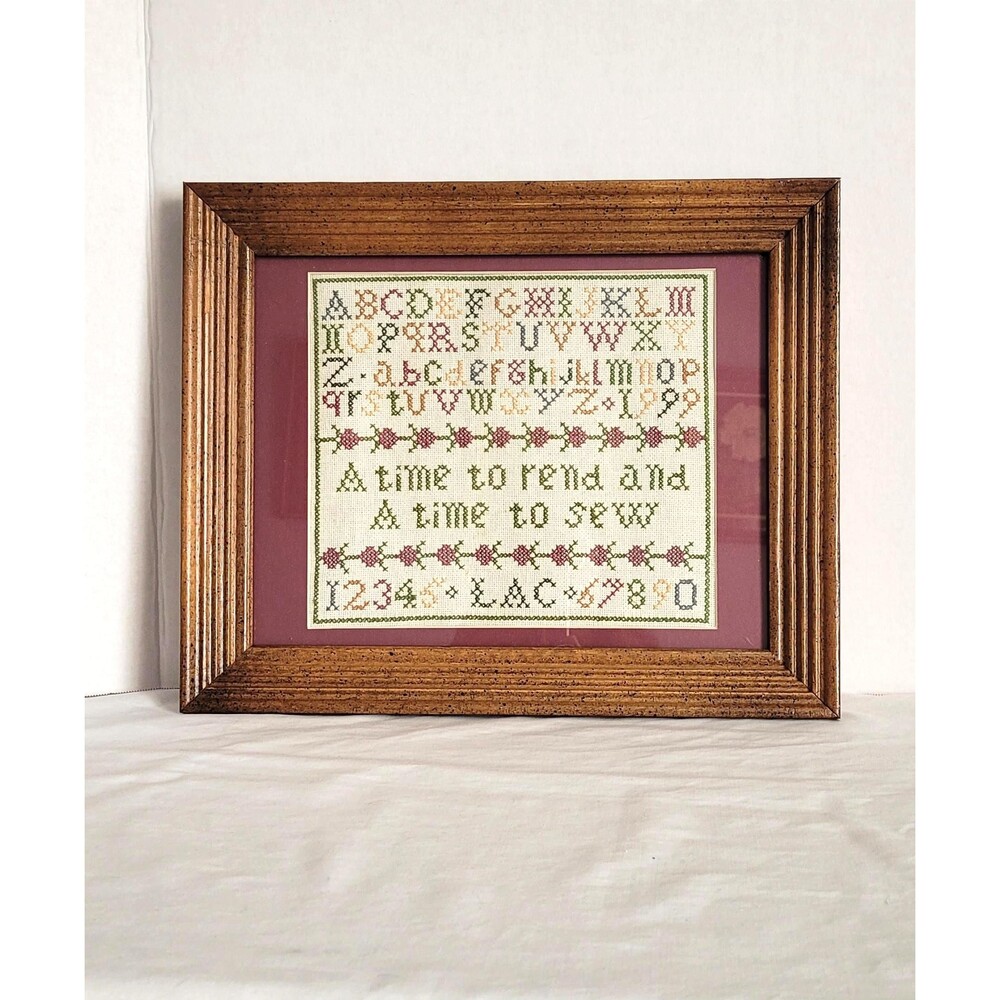 Vintage Cross Stitch Sampler Alphabet Numbers Framed Complete